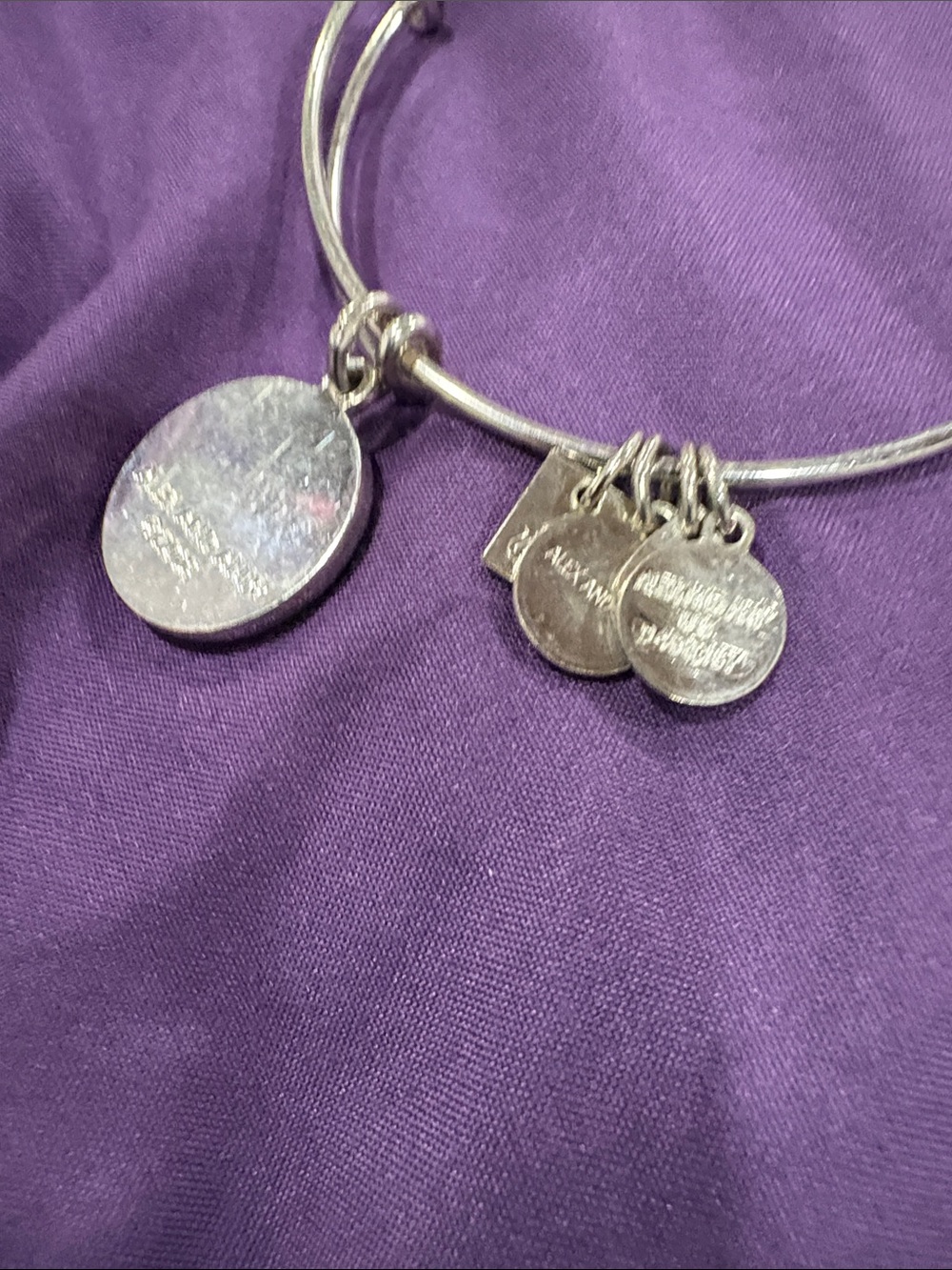 Silver Tone 'Celebrate Today' Round Charm Bangle Bracelet - Purple Accent - Picture 4 of 6